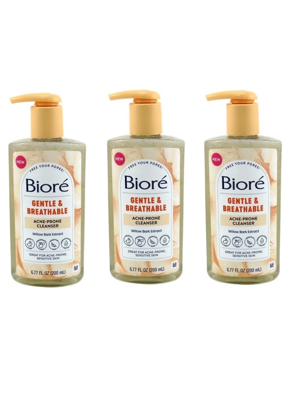 Biore Gentle & Breathable Acne-Prone Cleanser - Peach/Beige Pump Bottle (3-Pack)